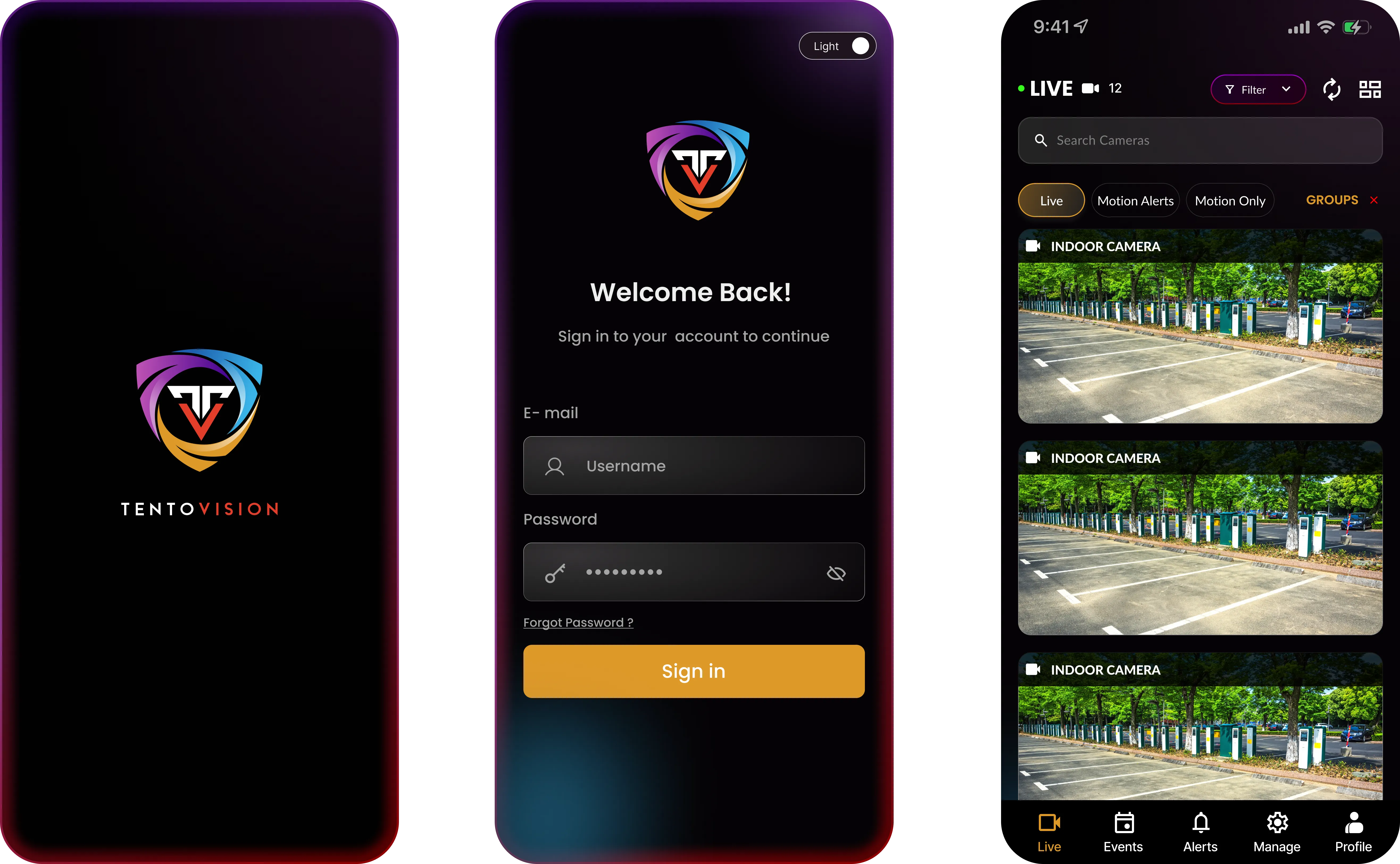 Tentosoft mobile app — live camera feeds and AI alert notifications